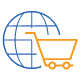Blue and orange icon of overlapping globe and shopping cart