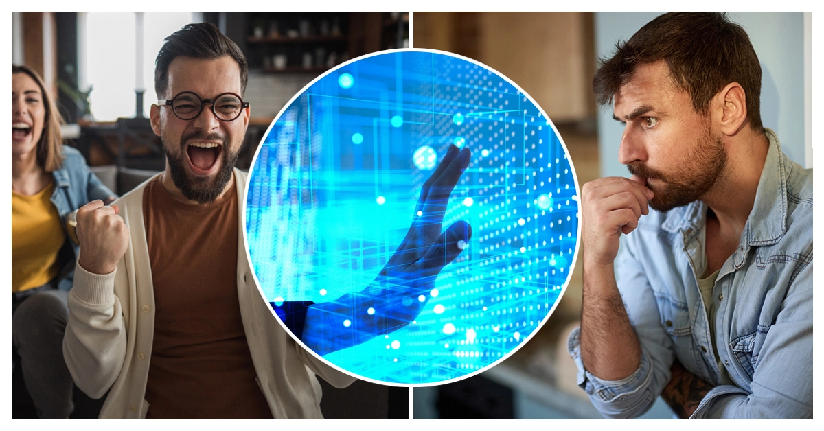 Two men react to interacting with advanced technology. One is cheering with excitement and the other is pensive and anxious.