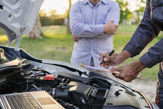 a man writing on a piece of paper on a car hood