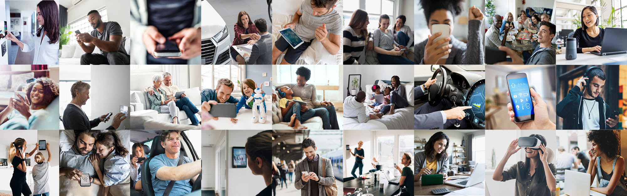 A collage of images showing people using connected devices like mobile phones